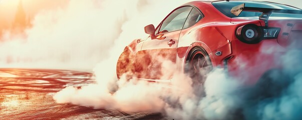 The car performs a drift on the road by emitting smoke from its tires - obrazy, fototapety, plakaty