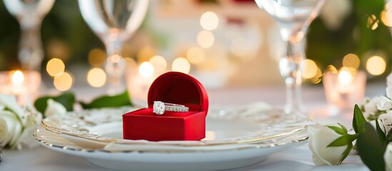 Romantic engagement ring on blurred background