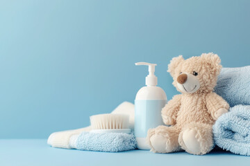 Baby bath accessories, teddy bear sits beside baby lotion, brush, and towels on blue