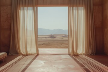 An empty room in a luxury summer house with a view of the dunes behind the curtains. Interior design in a minimalist style using neutral colored materials. Minimal natural aesthetic background.