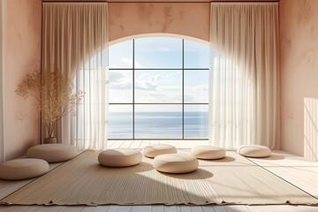 
Empty room in luxury summer beach house with sea view behind curtains. Tropical architecture interior design with neutral color material. Minimal natural aesthetic background.