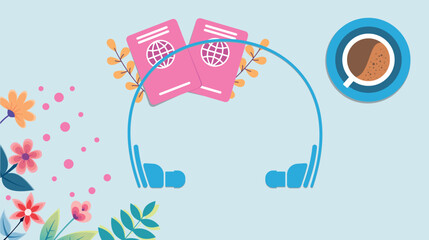 passport desk with passports, flowers and headphones for communication, migration service operator desk. Travel style illustration