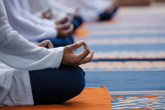 Closeup view of group of Muslim men meditating in mosque
