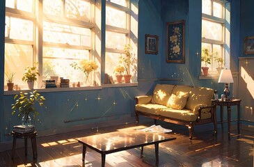 明るい室内と黄色のソファ