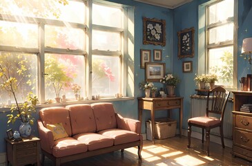 明るい室内と窓から見える花