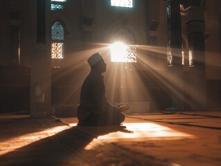 Silhouette of Indonesian Muslim man meditating in the mosque - obrazy, fototapety, plakaty