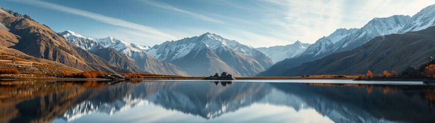 : A serene mountain landscape with a tranquil lake reflecting the snow-capped peaks in UHD quality. - Powered by Adobe