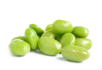 edamame beans isolated on white background. Heap of edamame green soy beans or soya beans.