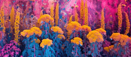 A painting depicting yellow and pink flowers in a vibrant field. The bright colors pop against the...