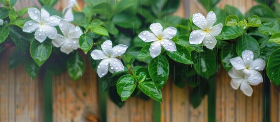 A group of white flowers, possibly jasmine, bloom vibrantly atop a rustic wooden fence. Each delicate bloom seems to capture the essence of purity and freshness against the weathered wood.