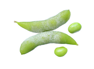 Frozen food, edamame beans isolated on white background with clipping path. Heap of edamame green soy beans or soya beans.