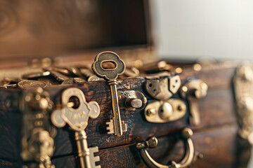 Antique Keys Resting on a Wooden Treasure Chest of Secrets..Background color: Warm, golden brown hues creating a soft, blurred backdrop...Word: Banner - obrazy, fototapety, plakaty