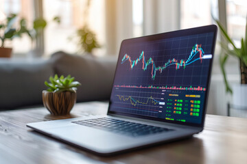 Laptop Displaying Stock Market Analysis on Wooden Table Banner..The background color is blurred, but it appears to be a warm, light beige with hints of green from indoor plants.