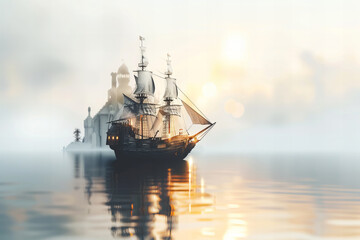 Mystical Voyage: Galleon Sails Towards Sunlit Fog-Laden Fantasy Island..Background Color: A soft, gradient blend of pale blue and peach tones..Banner - obrazy, fototapety, plakaty