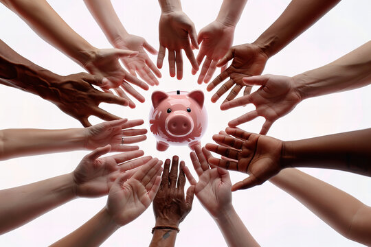 United Hands of Diversity Encircling Symbol of Savings Piggy Bank..