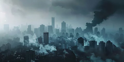 Fotobehang  Futuristic Metropolis Shrouded in Mist and Industrial Haze Banner © Dmitry