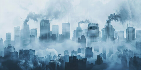  Fog Engulfed Cityscape Amidst Haze of Progress and Pollution. - obrazy, fototapety, plakaty