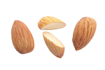 Set of multiple different dried Almonds, Almonds isolated on white background with clipping paths. Flat lay, top view