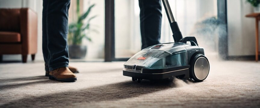 Person Cleaning Carpet With Vacuum Cleaner. Stylish in the style of double exposure