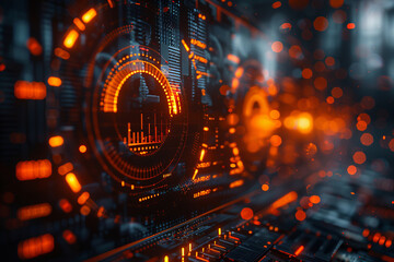Fototapeta na wymiar Futuristic Cybersecurity Interface Glow in Technological Data Hub Banner