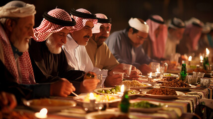 Saudi people come together for a festive dinner during a Ramadan celebration event, sharing the joyous spirit of the occasion