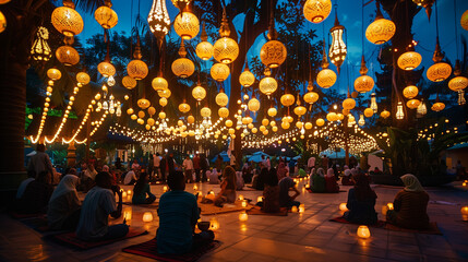  beautiful scene unfolds as people celebrate a Ramadan event in a wide yard adorned with decorations and illuminated by Ramadan lanterns in the dawn