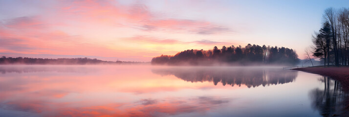 Tranquil Morning at a Lake Cabin: Vivid Sunrise Reflecting off Calm Waters with Silhouetted Pier