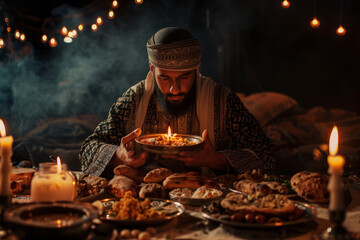 A man holds a Ramadan cuisine with a lit candle, creating a warm ambiance in front of a table adorned with various delectable dishes
