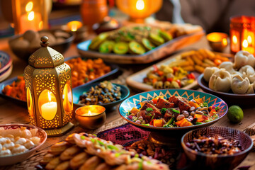 In a captivating tableau, a beautiful scene unfolds with a Ramadan cuisine and lantern gracing the...