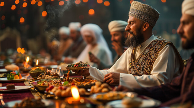 A close-up picture captures a man delicately picking food during a Ramadan celebration
