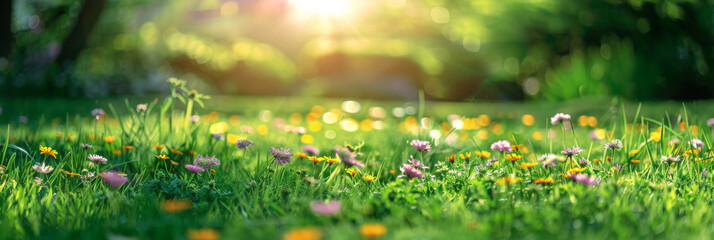 beautiful spring day panorama background,landscape Meadow with blue sky and green grass, white and pink spring daisy flowers ,banner - obrazy, fototapety, plakaty