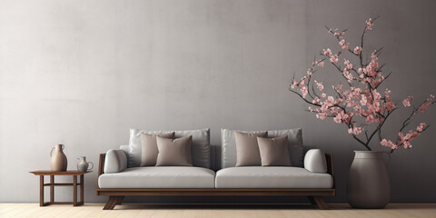 Elegant Grey Living Room Decoration with Contemporary Sofa and Artistic Floral Arrangement in Glass Vase, Copy Space 
