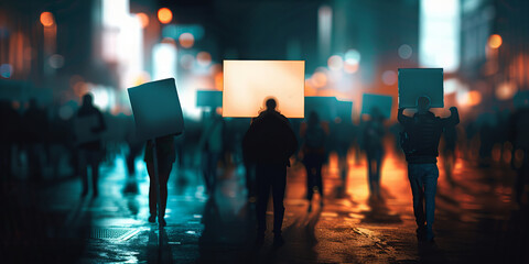  Eerie Nighttime Protest: Silhouettes Holding Signs in the City Glow.. - obrazy, fototapety, plakaty