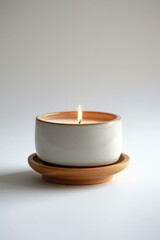 A candle sitting on a wooden stand. Generative AI.