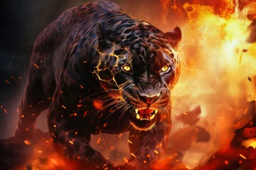 Tuinposter A large black tiger confidently walks through a forest engulfed in flames, symbolizing the struggle of animals against environmental destruction © Anoo