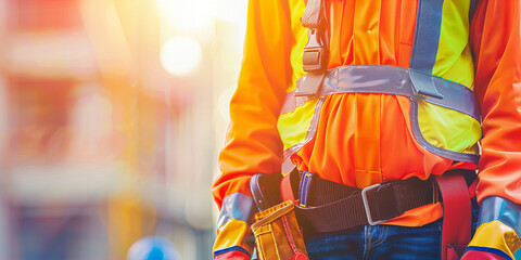  Safety First: Construction Workers Gear in Vibrant High-Visibility Apparel. - obrazy, fototapety, plakaty