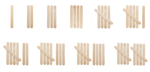 1 to 10 tally marks symbol made from wooden popsicles stick  isolated on white background. Education and learning concept. - obrazy, fototapety, plakaty
