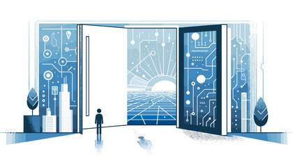 Concept of a futuristic and sophisticated image of the AI world seen through the door. Vector illustration.