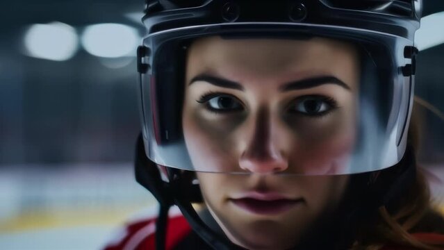 A Caucasian female ice hockey athlete with an intense gaze standing close up against a defocused view of the rink.
