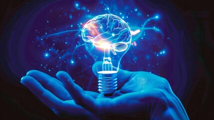 A hand holding aloft a lightbulb inside which a brain sparkles with blue electricity signifying the power of innovative thinking