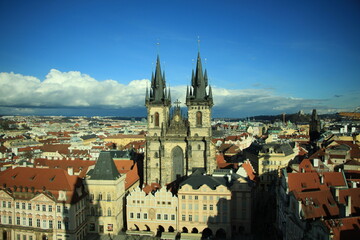 Fototapeta premium Visit to the interior of the Prague Astronomical Clock and panoramic view of the city of Prague, Church of Our Lady of Týn, Prague Castle, and Old Town Square of prague, V tower
