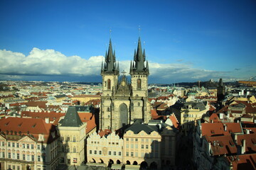 Fototapeta premium Visit to the interior of the Prague Astronomical Clock and panoramic view of the city of Prague, Church of Our Lady of Týn, Prague Castle, and Old Town Square of prague, V tower