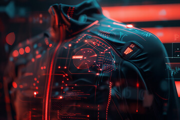 Futuristic Cybernetic Interface on Advanced Body Armor Under Neon Lights