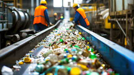 Fototapeta premium Conveyor Belt Filled With Plastic Bottles at a Garbage Processing Plant