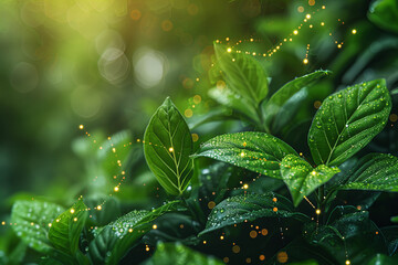 Fototapeta na wymiar Magical Morning Dew on Fresh Green Leaves Sparkle Banner.