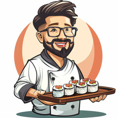 Japanese chef cooking sushi rolls. Handsome cartoon character holding wooden plate with sushi rolls. Vector illustration ai technology