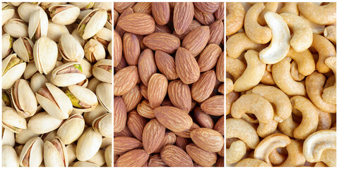 Collage many pictures of Pistachios nuts,almond nuts,Cashew nuts