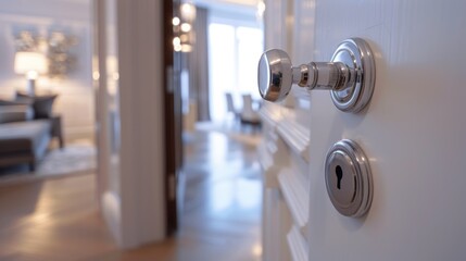 Modern Home Interior Door Knob and Keyhole. Close-up view of a shiny door knob and keyhole on a white door, with a blurred luxury home interior background. - obrazy, fototapety, plakaty