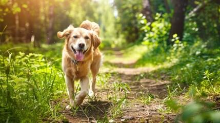 Golden Retriever Enjoying a Sunny Trail Walk. A joyful golden retriever dog walking on a dirt path in the forest, with sunlight filtering through the trees.