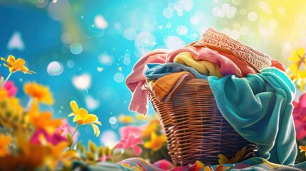 Colorful Laundry Basket Amidst Blooming Flowers. A vibrant and colorful basket of laundry surrounded by a fantasy of blooming flowers under a bright, enchanting light.